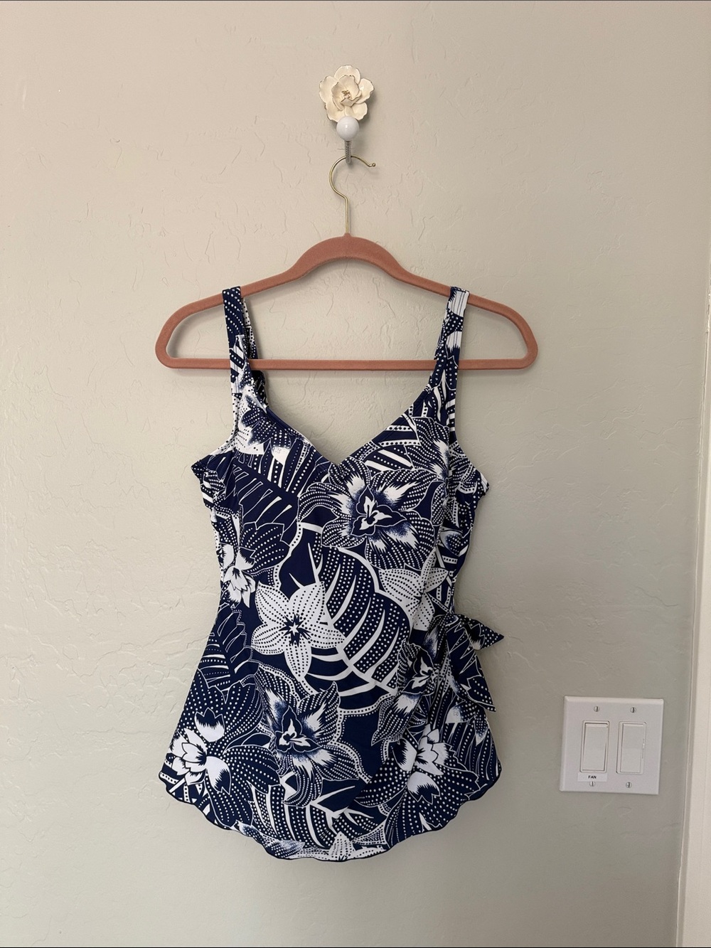 Navy & White Floral Bandeau one piece bathing suit